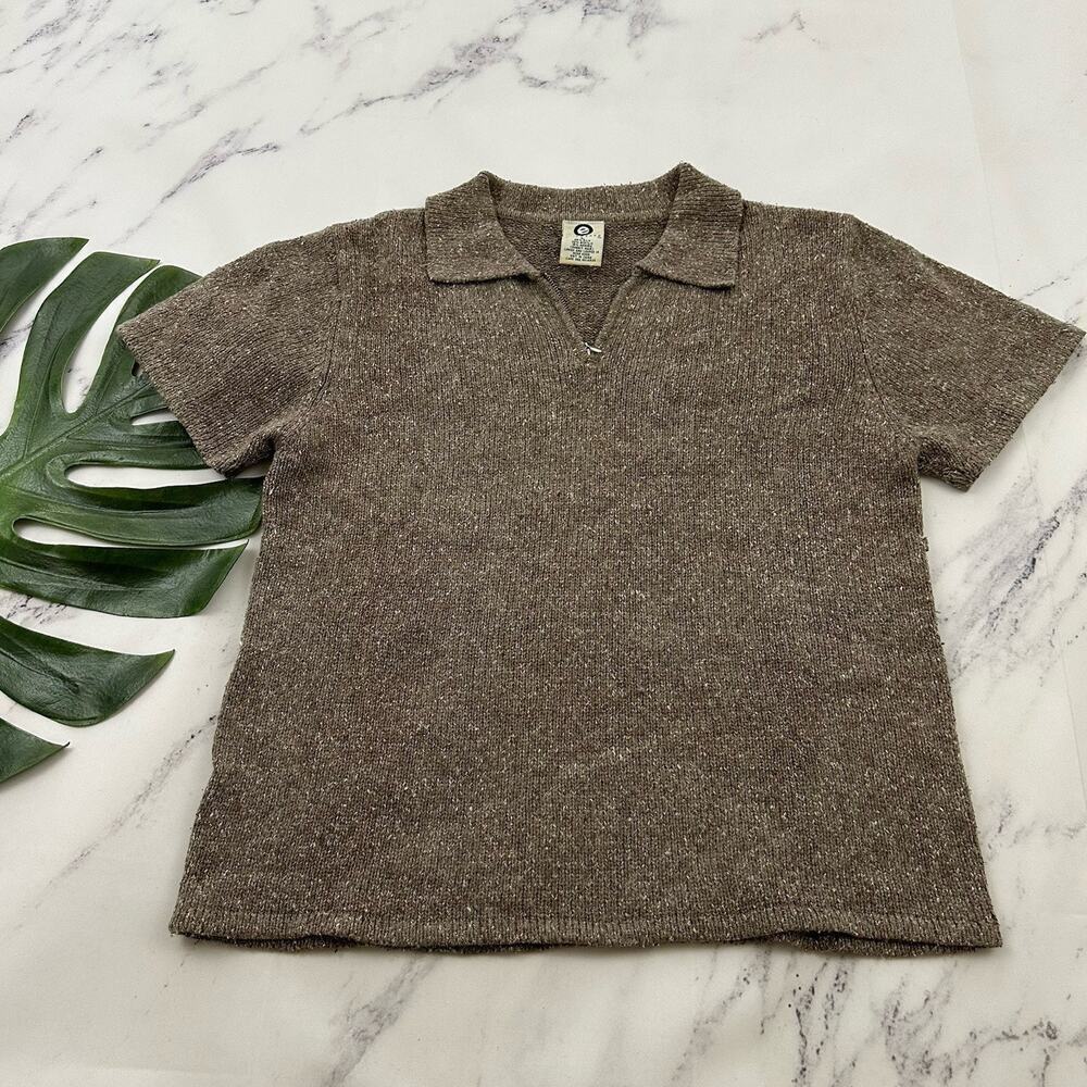 Ellemenno Womens Vintage Y2k Polo Sweater Top Size L Tan Brown Silk Angora